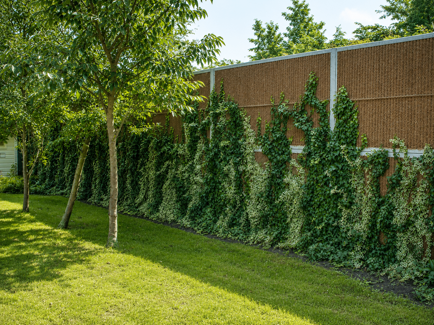 Écran anti-bruit Kokowall dans un jardin, végétalisé avec de jeunes plantes grimpantes sur toute sa longueur, devant une pelouse et des arbres