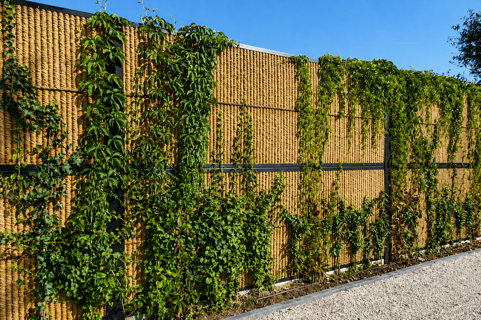 Gros plan d'un panneau Kokowall en fibre de coco entièrement recouvert de plantes grimpantes et de feuillage vert