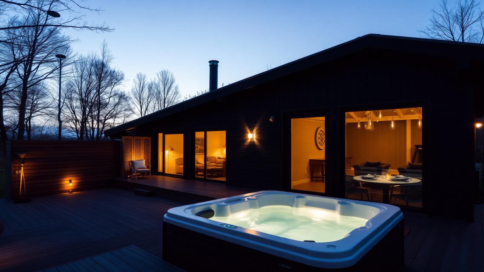 Vakantiewoning met verlichte jacuzzi op houten terras in de avondschemering, achterin een houten akoestisch tuinscherm