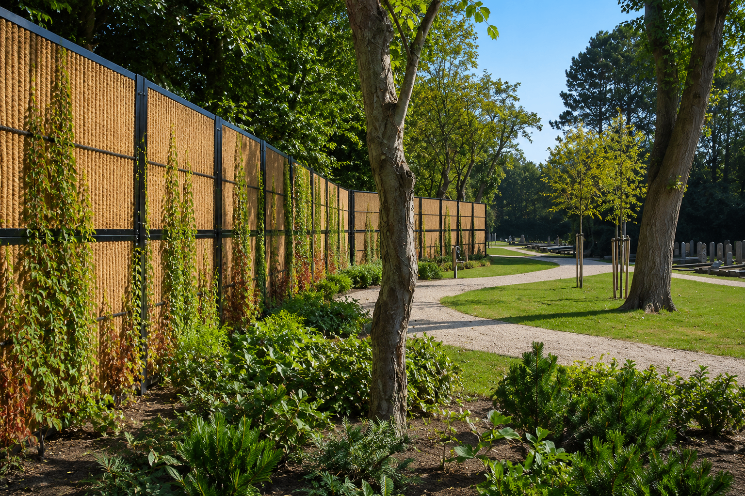 Écran anti-bruit Kokowall le long d'un cimetière avec plantes grimpantes ascendantes et arbustes plantés au pied du panneau