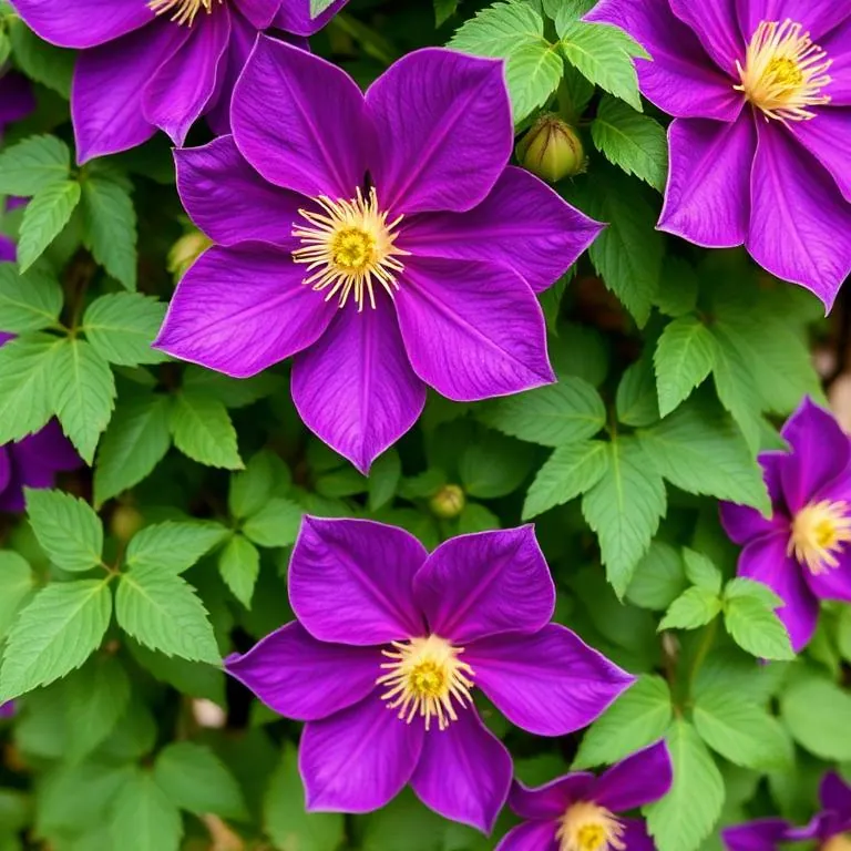 Clématite Clematis 'The President' avec de grandes fleurs violettes et des étamines jaunes