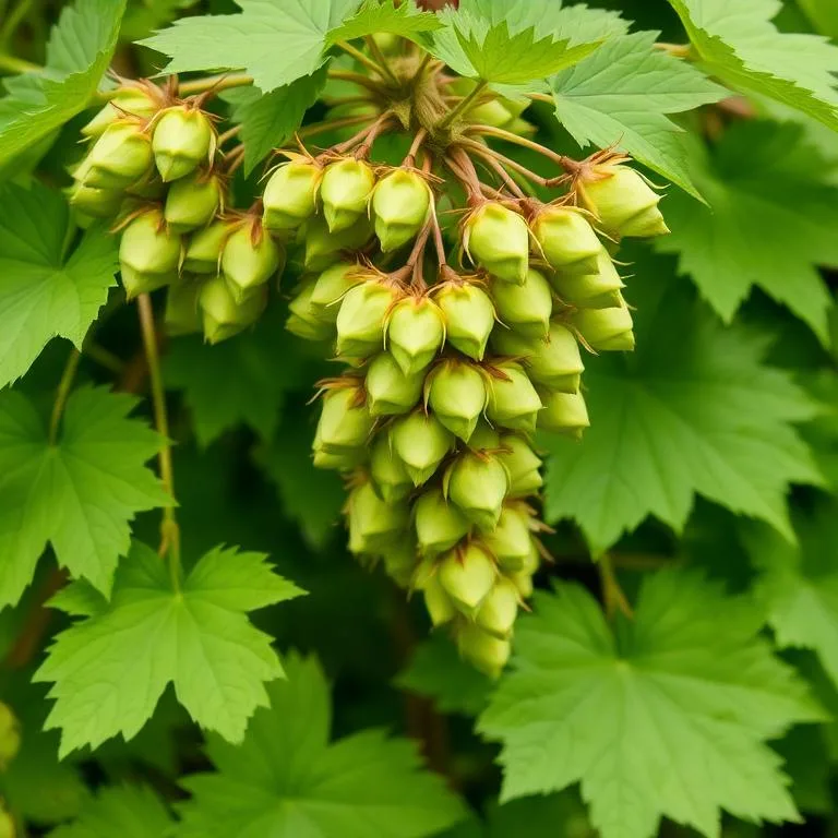 Plant de houblon Humulus lupulus avec des cônes verts et des feuilles lobées