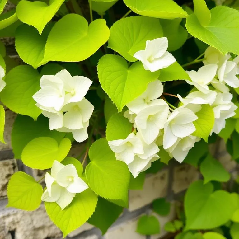 Hortensia grimpant Hydrangea petiolaris avec des inflorescences blanches et des feuilles vertes en forme de cœur