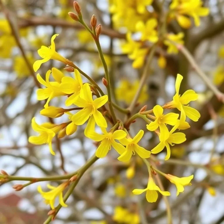 Jasmin d'hiver Jasminum nudiflorum avec des fleurs jaune vif sur des branches nues en hiver