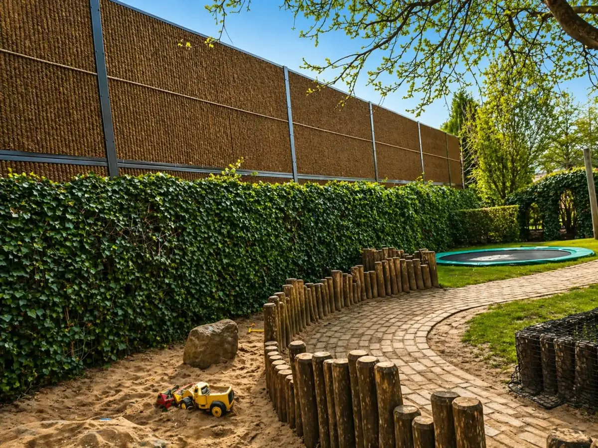 Grand écran acoustique Kokowall avec cadres en acier anthracite RAL 7016 au-dessus d'un mur recouvert de lierre vert dans un jardin