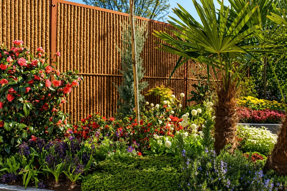 Écran acoustique Kokowall avec cadres en acier Corten dans un jardin avec camélia, palmiers et vivaces fleuries