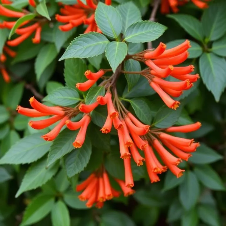 Chèvrefeuille Lonicera henryi avec des fleurs en trompette rouge-orangé et des feuilles vertes