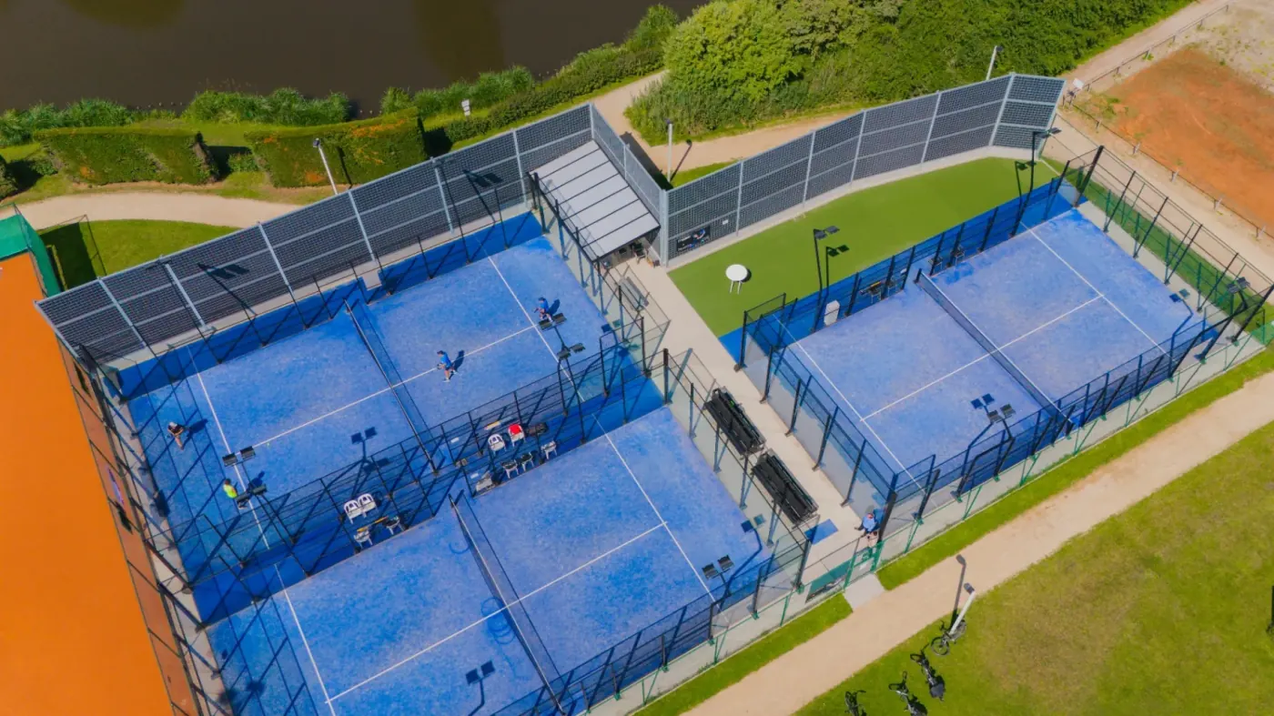 Aerial view of padel courts with installed sound walls, Noise Solutions project for padel club