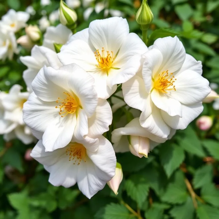 Rosier grimpant blanc Rosa 'Climbing Iceberg' avec des fleurs blanc crème en pleine floraison