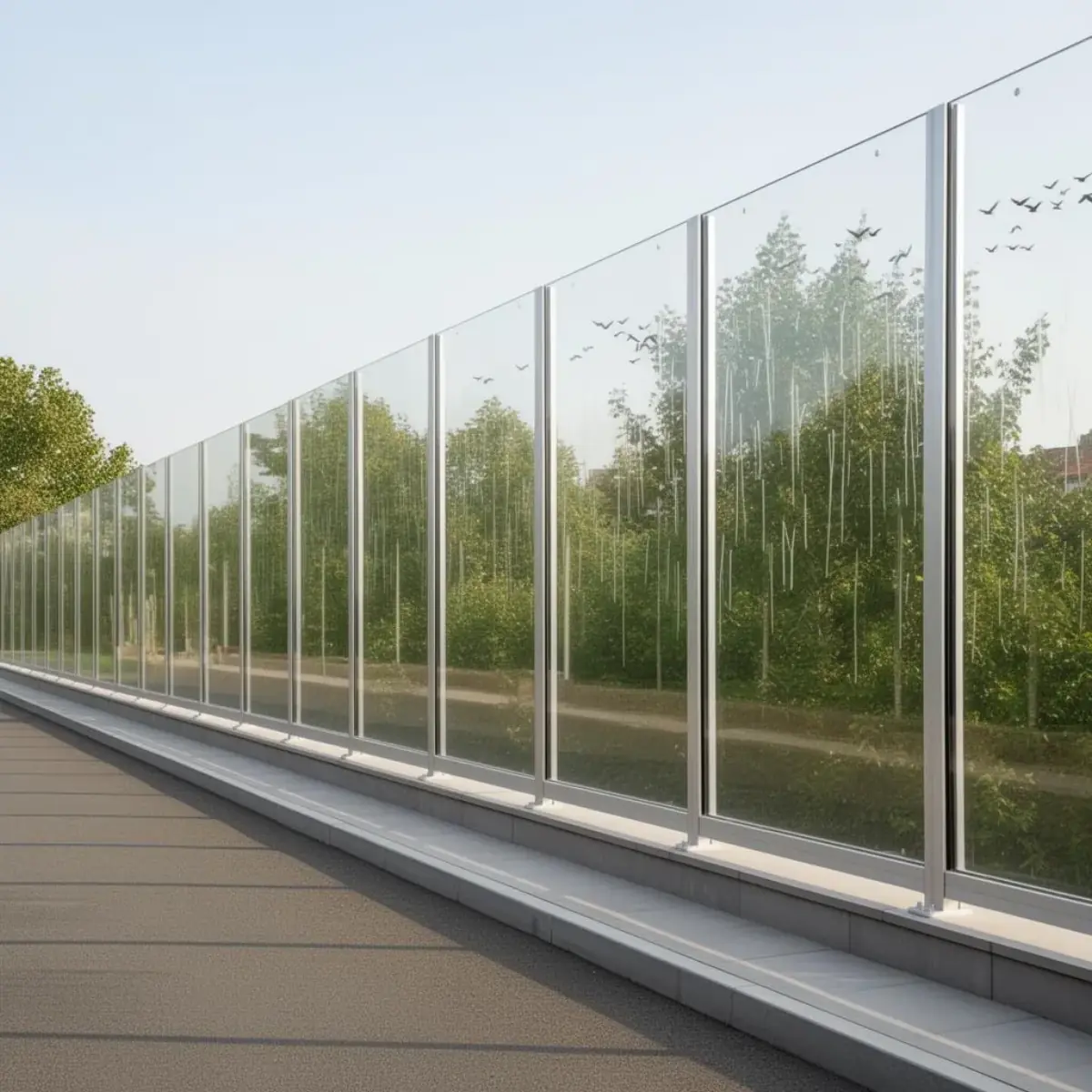 Transparant geluidsscherm in glas met aluminium frame langs een weg, met groene bomen zichtbaar door het scherm