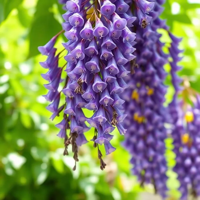 Glycine de Chine Wisteria Sinensis 'Prolific' avec des grappes de fleurs bleu-violet pendantes